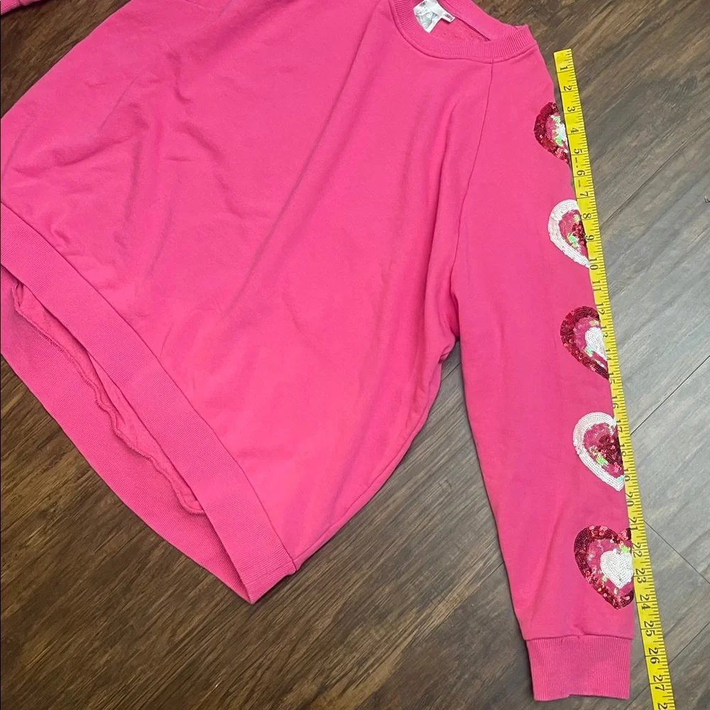 Queen of Sparkles Heart on Your Sleeve sequin hot pink Valentine’s Sweatshirt XL - Picture 12 of 15